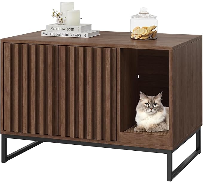 Halitaa Cat Litter Box Enclosure, Modern Hidden Litter Box Furniture with Scratch Pad, Indoor Cat Washroom House End Table, Entryway Bench for Livingroom (Walnut)
