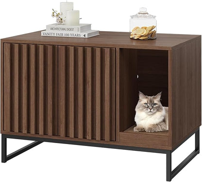 Halitaa Cat Litter Box Enclosure, Modern Hidden Litter Box Furniture with Scratch Pad, Indoor Cat Washroom House End Table, Entryway Bench for Livingroom (Walnut)