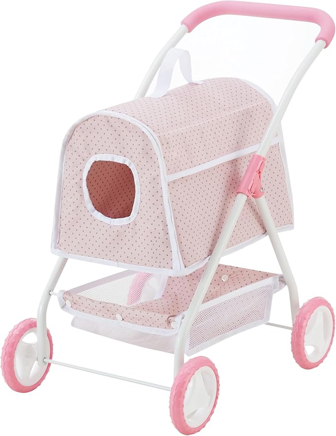 Olivia's Little World Polka Dots Princess Doll Animal Stroller with Detachable Toy Pet Carrier - Pet Doll Pram for 3 yrs and Up - Pink/Gray