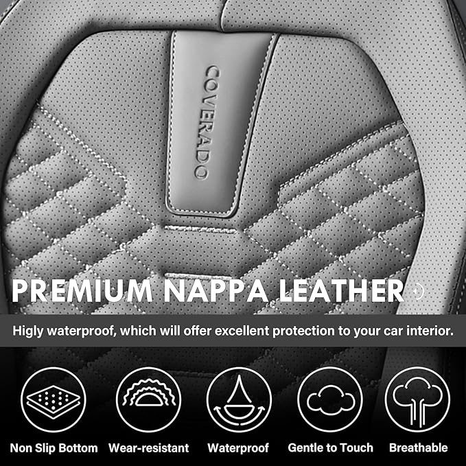 Coverado Seat Covers Full Set, Waterproof Nappa Leather Seat Covers for Cars, 5 Seats Universal Car Seat Protectors, Black and Gray Automotive Seat Covers Car Seat Cushions Fit for Most Cars