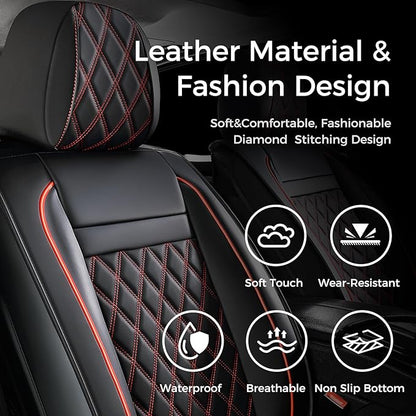 Huidasource Car Seat Covers for Front Seat, Car Seat Cushion Waterproof, Full-Cover Faux Leather Car Seat Cover Protector Universal Fit for Most Cars,Vans,Trucks, SUVs (Front Pair/Black&Red)