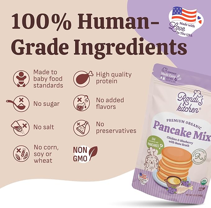 Rondi's Kitchen Pancake Mix for Dogs - Premium All-Natural & Organic Dog Treats, Healthy Dog Snacks for All Ages & Sizes, Made with Human-Grade Ingredients - Chicken & Blueberry