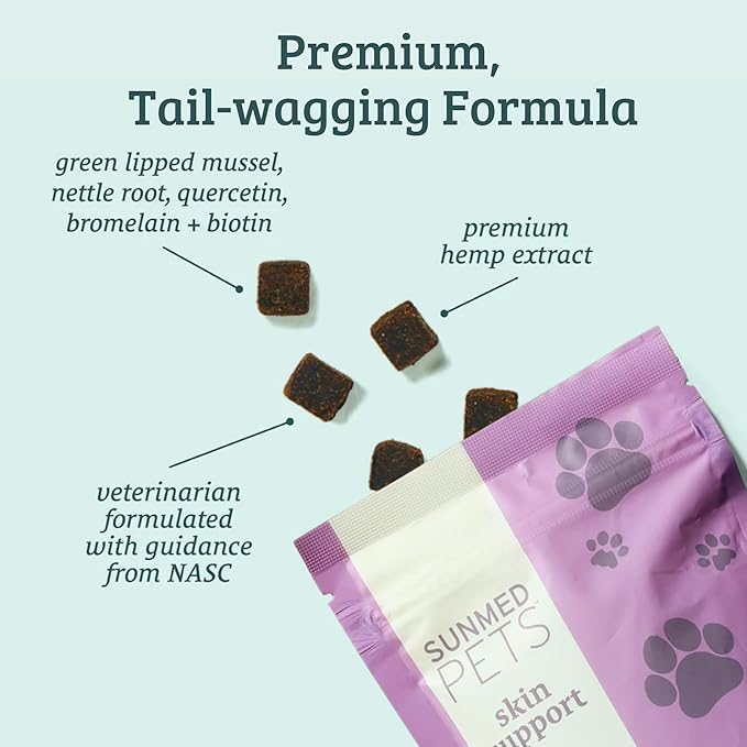 Sunmed Skin Support Dog Allergy Relief Chews – Natural Seasonal Allergy Relief with Nettle, Quercetin, & Green-Lipped Mussel – Soothes Itchy Skin, Supports Health – 40 Count