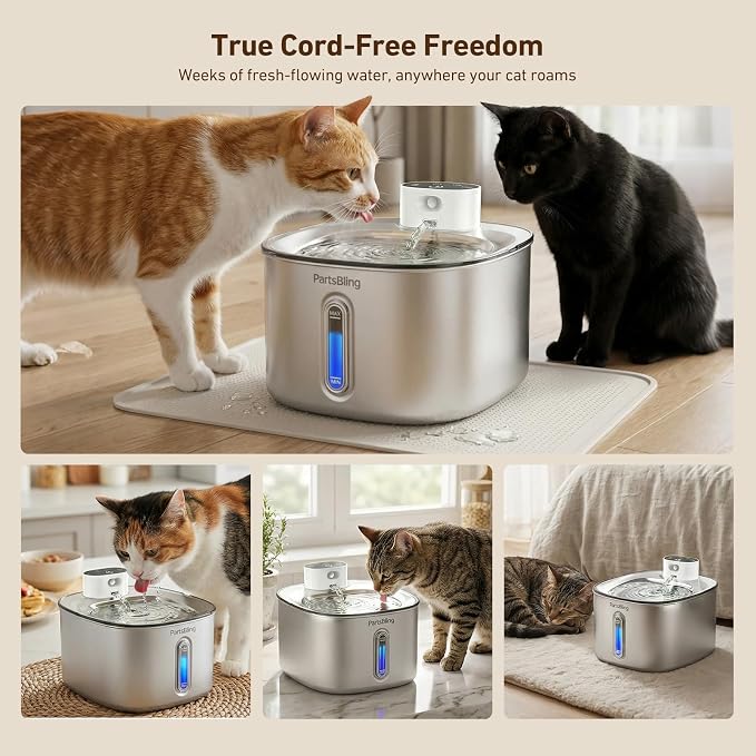PartsBling Stainless Steel Cat Water Fountain, 4.2L/142 oz | Cordless Pet Water Fountain with Sensor, 5000mAh Rechargeable Battery, Ultra Quiet, 4 Filters, for Cats & Small Dogs, White