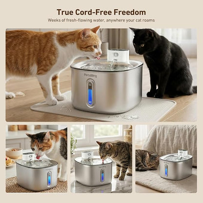 PartsBling Stainless Steel Cat Water Fountain, 4.2L/142 oz | Cordless Pet Water Fountain with Sensor, 5000mAh Rechargeable Battery, Ultra Quiet, 4 Filters, for Cats & Small Dogs, White