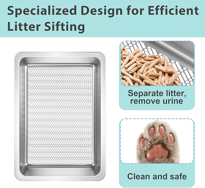 Stainless Steel Sifting Litter Box for Pine Pellets,Sifting Cat Litter Box for Wood Pellets,Extra Large Sifter Litter Pan System with Litte Liners and Scoop-20 ''Lx 13.8''W x 6''H