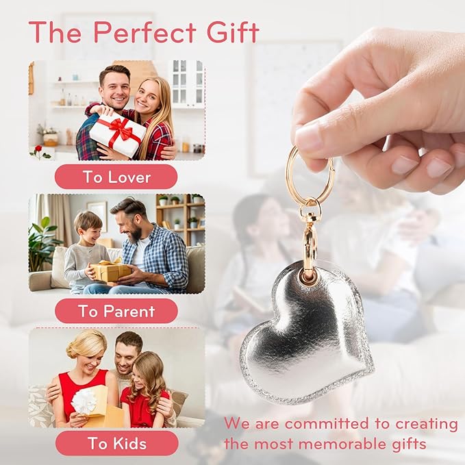 Leather Charm Keychain Holder Case Compatible with AirTag,Cute Protective Heart-Shaped Cover with Luxe Ring Clip,Finder GPS Tracker Case for Wallet Keys,Bag,Pets(Silvery)