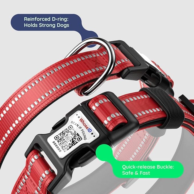 Airtag Dog Collar, Reflective Ultra-Durable Nylon Padded with QR Buckle & IP68 Waterproof Air Tag Holder Compatible for Apple AirTag, Comfortable for Small Medium Large Dogs (Red,XL)