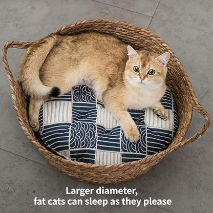Cat Bed, Straw Woven Cat Baskets Bed, Round Wicker Cat Basket Nest, Non-Slip Cozy Kitten Bed for Cats Small Dog (Only Nest,Medium)