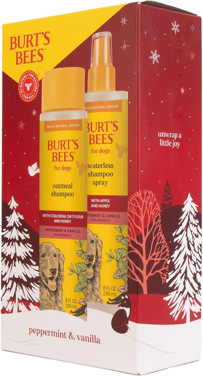 Burt's Bees for Pets Holiday Grooming Kit, Peppermint & Vanilla Fragrance | Oatmeal Shampoo and Waterless Dog Grooming Spray for All Dogs and Puppies | Cruelty Free, Made in USA, 8 Fl Oz