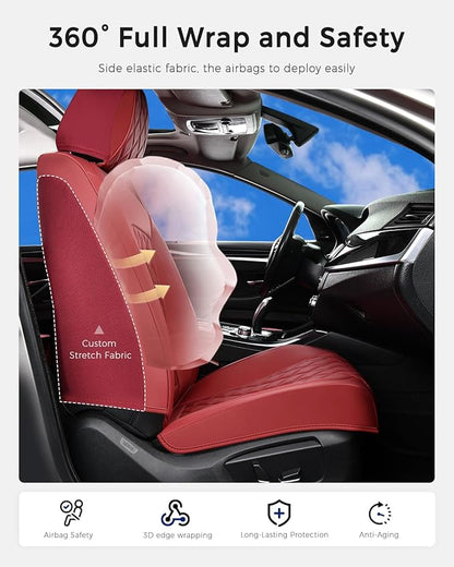 Huidasource Red Seat Covers, Nappa Leather Car Seat Covers, Automotive Seat Covers Velcro Adjustable, Compatible with Airbags, Child Seat, Fit for Most Cars, Vans, Trucks, SUVs (Full Set/Red)