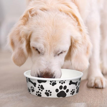 Whaline 50Pcs Pets Disposable Feeding Bowls 16 oz 2 Cup Black White Cute Design Paper Dog Cat Bowls Bulk Bone and Paw Pattern Pets Travel Bowl Serving Water Food Tray for Puppy Kitten Small Dogs Cats