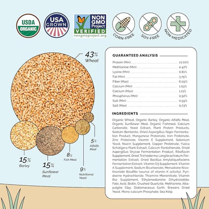 Mile Four Organic Chicken Feed (46 lbs) Starter Chick Mash, Non-GMO, USA Grown, 21% Protein, Corn-Free, Soy-Free, Non-Medicated Chick Feed