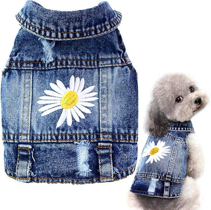 Pawstrip Dog Denim Jacket with Embroidered Daisy, Ripped Vintage Jean Vest for Small Dogs, Pugs, Chihuahuas, Spring Summer Fall Festival Outfit, X-Large (Fits Chest 17-18")