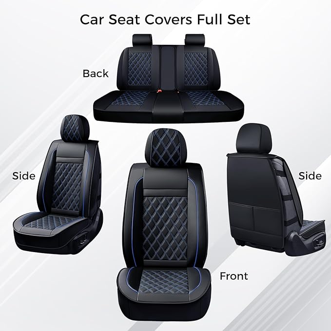 Huidasource Seat Covers Full Set, Nappa Leather Seat Cover, Hollowed-Out Side Compatible with Airbags Child Seat, Velcro Adjustable Universal Fit for Most Cars Vans Trucks SUVs (Full Set/Black＆Blue)