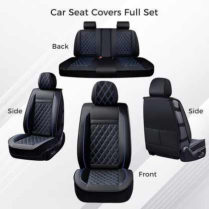 Huidasource Seat Covers Full Set, Nappa Leather Seat Cover, Hollowed-Out Side Compatible with Airbags Child Seat, Velcro Adjustable Universal Fit for Most Cars Vans Trucks SUVs (Full Set/Black＆Blue)