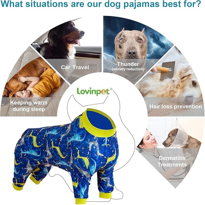 LovinPet Large Dog Pj - Pet Anxiety Calming Shirt, Dog Jammies for After Surgery, Lightweight Fabric, Blue Dragon Print, Pitbull Clothes, Long-Sleeved 4 Leg Style Pullover Dog Onesie, Dark Blue L