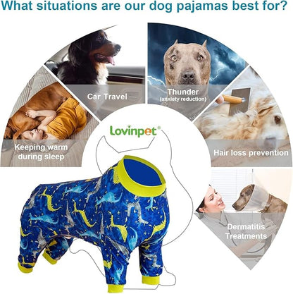 LovinPet Large Dog Pj - Pet Anxiety Calming Shirt, Dog Jammies for After Surgery, Lightweight Fabric, Blue Dragon Print, Pitbull Clothes, Long-Sleeved 4 Leg Style Pullover Dog Onesie, Dark Blue L