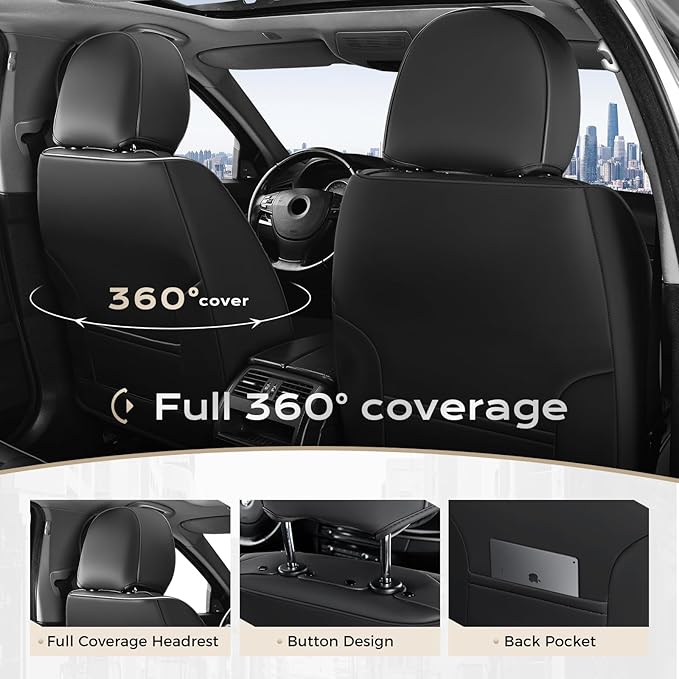Coverado Leather Seat Cover Full Set, Waterproof Car Seat Covers with Lumbar Support, Front and Rear Seat Covers for Car, Universal Car Seat Protectors Car Seat Cushion Fit for Most Cars (Black&Pink)