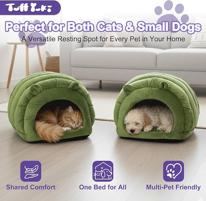 Luxe Green Jumbo Caterpillar Cat Cave - Super Cozy & Warm for Cats Up to 15 lbs, Convertible from Plush Cave to Comfy Mat!