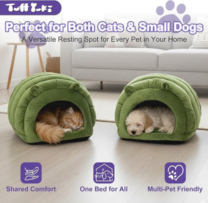 Luxe Green Jumbo Caterpillar Cat Cave - Super Cozy & Warm for Cats Up to 15 lbs, Convertible from Plush Cave to Comfy Mat!