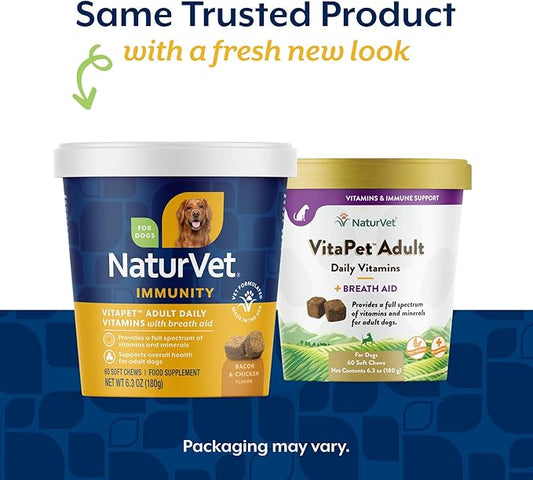 NaturVet VitaPet Adult Daily Vitamins Plus Breath Aid for Adult Dogs, 60 ct Soft Chews, Made in The USA with Globally Source Ingredients