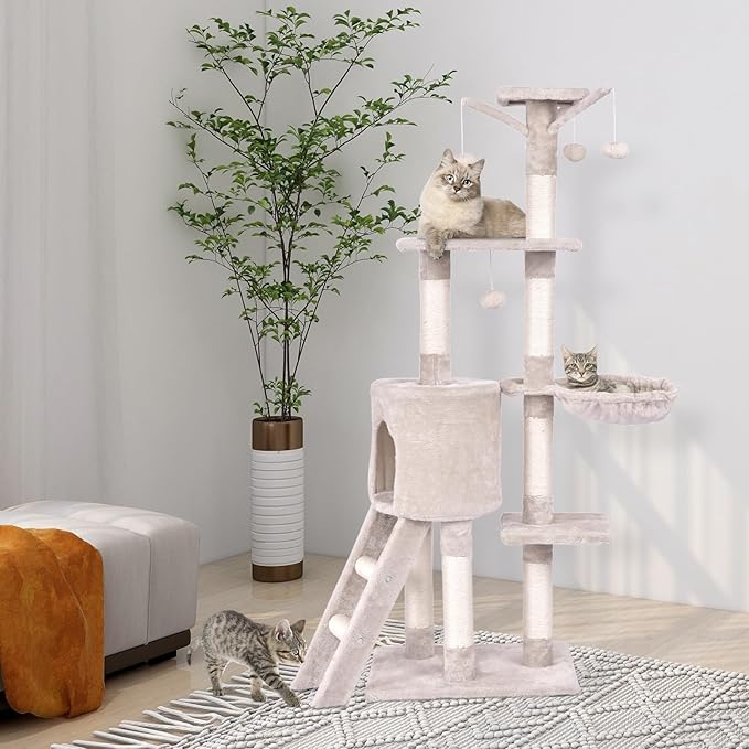 PETSITE 56 Inches Cat Tree for Indoor Cats, Multi-Level Cat Tower with Sisal Scratching Posts and Ladder, Tall Cat Tree with Top Perch, Hammock, Cat Condo & Jumping Platforms for Cats Kittens