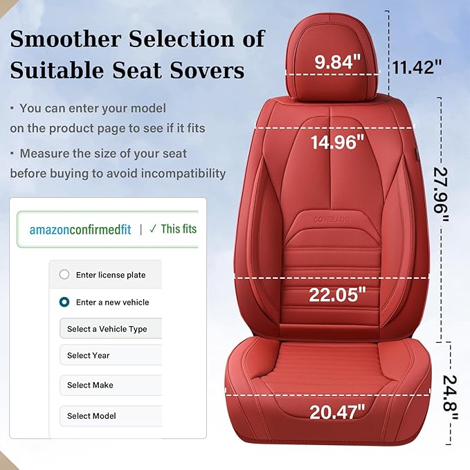 Coverado Seat Covers, Car Seat Covers Front Seats, Automotive Seat Covers, Waterproof Nappa Leather Car Seat Cover, Car Seat Cushion,Red Seat Covers Carseat Cover Universal Fit for Most Cars