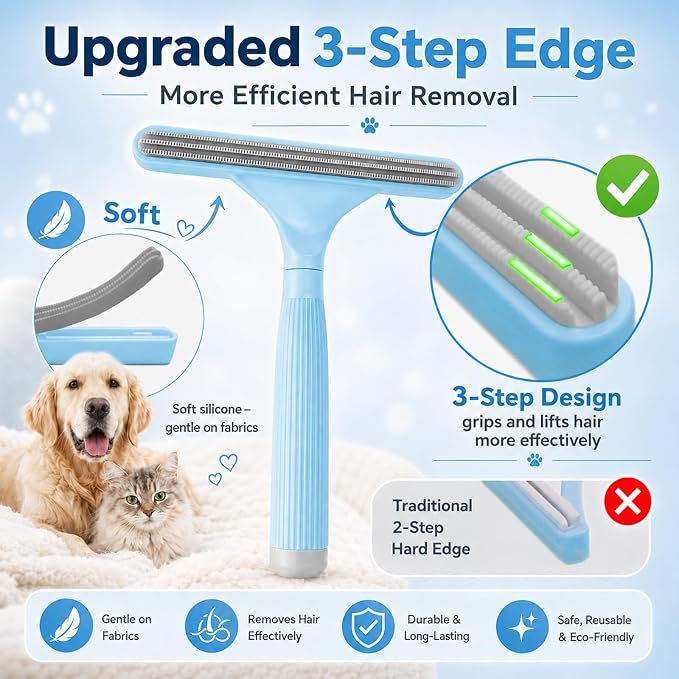2 Pack Reusable Pet Hair Remover and Fabric Lint Scraper Set, Blue | Double-sided lint remover and flexible fabric scraper for dog cat hair on clothes, sofas, bedding, rugs and car seats.