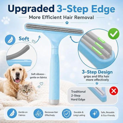 2 Pack Reusable Pet Hair Remover and Fabric Lint Scraper Set, Blue | Double-sided lint remover and flexible fabric scraper for dog cat hair on clothes, sofas, bedding, rugs and car seats.