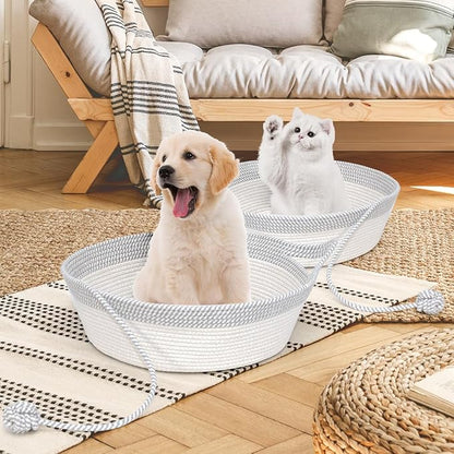 Hand Woven Cat Bed Basket With Toy Tail, Cotton Rope Foldable Sleeping Basket, Kitten Shaped House for Cats, Puppies, Rabbits and Small Pets (Medium, Gray & White)