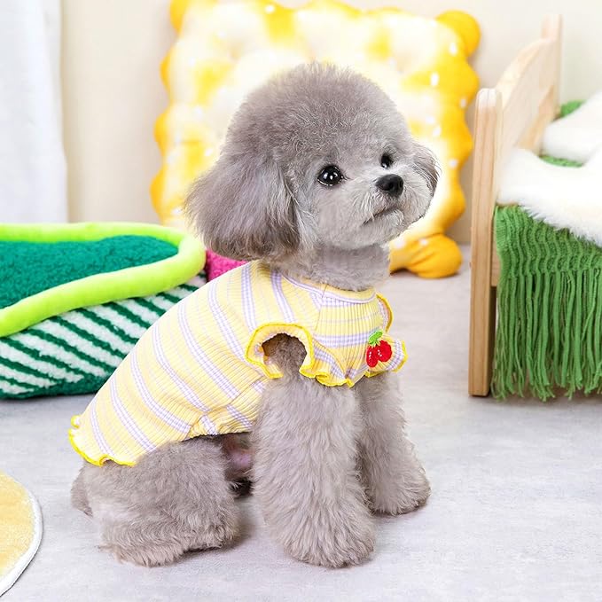 2 Pack Striped Small Dog T Shirt Cute Cherry Girl Dog Clothes for Small Dogs Cats Breathable Soft Cotton Pet Puppy Sleeveless Vest Spring Summer Pet Outfits（Pink+Yellow,X-Large）
