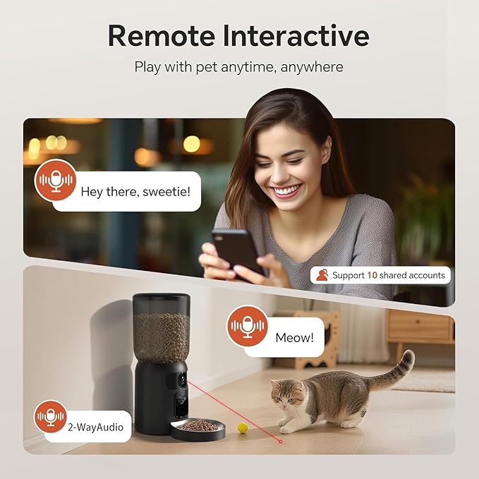 5G WiFi Automatic Cat Feeder with Two Camera: Automatic Pet Feeder with Laser Pointer, Cat Food Dispenser with Night Vision for Multiple Pet, Detachable for Easy Clean -24 Cup -6L Storage