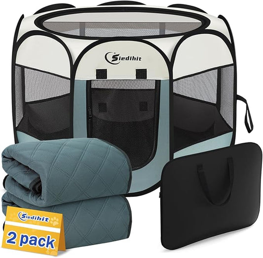 Siedihit Dog Playpen with 2 Washable Pee Pad, Puppy Pet Cat Playpen Small AnimalsTent Crate Indoor/Outdoor, Portable Pop Up Kennel with Carrying Case(Grey with 2 Pads, Small)