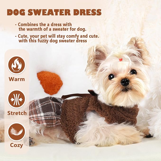 Yikeyo Dog Sweater Dress,Dog Dress Clothes Dresses for Small Dogs Girl Winter Fall Flannel Warm Pet Puppy Cat Tutu Princess Plaid Female Sweater (Medium, Brown)