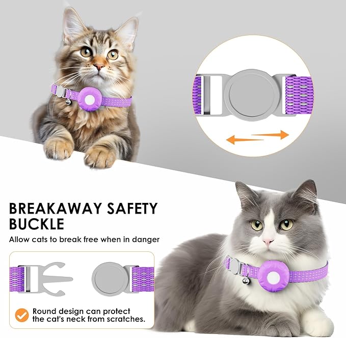Cat Tracker, GPS Tracker, Compatible with Apple Find My App(Only iOS), Waterproof Cat Tracker Collar with Bell and Safety Elastic Buckle, No Monthly Subscription Fee, Up to 1-Year Battery, Purple