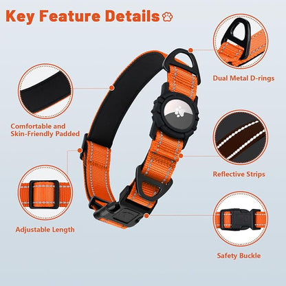 Taglory AirTag Dog Collar with Waterproof Holder for Large Dogs, Orange, XL | Reflective for Night Walks & Low-Light Safety, Track Your Pup Peace of Mind, Adjustable Soft Padded, No More Dangling Tags