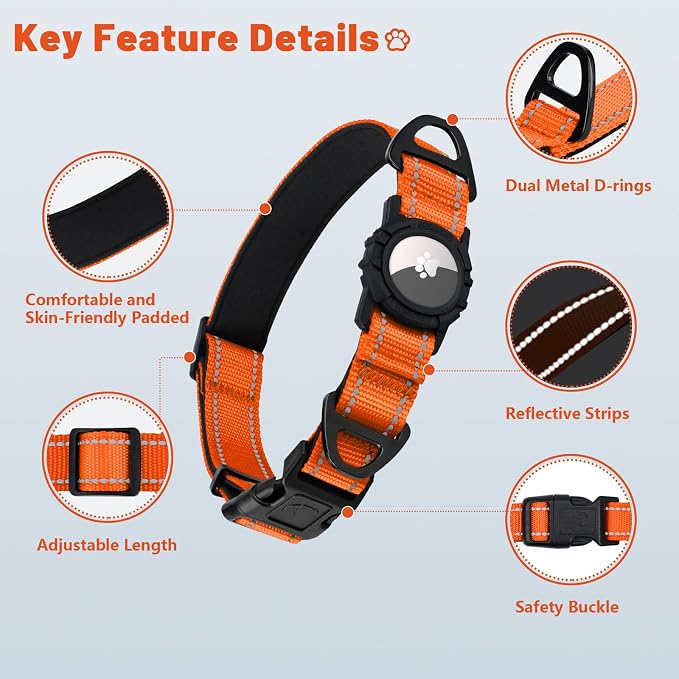 Taglory AirTag Dog Collar with Waterproof Holder for Large Dogs, Orange, L | Reflective for Night Walks & Low-Light Safety, Track Your Pup Peace of Mind, Adjustable Soft Padded, No More Dangling Tags