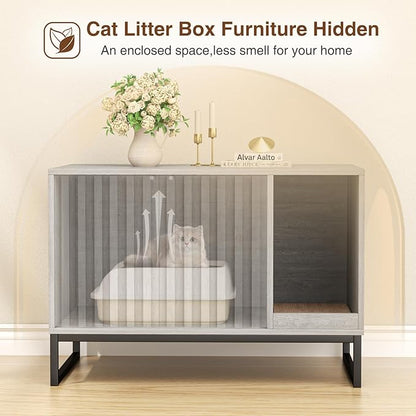 Halitaa Litter Box Enclosure, Modern Cat Litter Box Enclosure Furniture Hidden Litter Box with Cat Scratch Pad, Cat Washroom Cat House End Table, Entryway Bench for Livingroom (Grey)