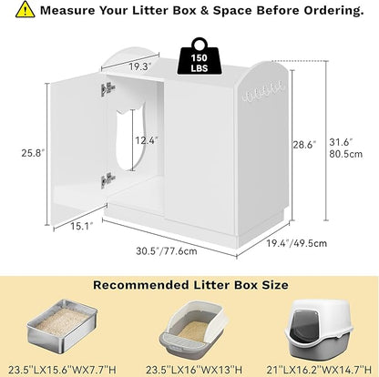 DWVO Large Hidden Litter Box Furniture with Hooks, Modern Cat Litters Box Enclosure for M/L/XL Litter Boxes, Wooden Secret Cat Cabinet, High-Gloss White