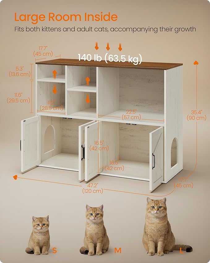 Feandrea Litter Box Enclosure for 2 Cats, Hidden Litter Box Furniture with Storage Cabinet, Double Room, Farmhouse Indoor Cat House Washroom, Honey Brown and Rustic White UPCL032WJ03