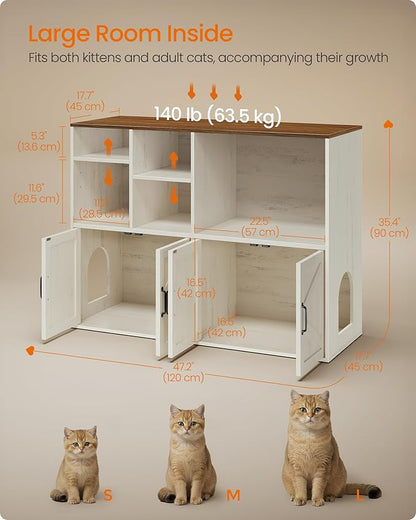 Feandrea Litter Box Enclosure for 2 Cats, Hidden Litter Box Furniture with Storage Cabinet, Double Room, Farmhouse Indoor Cat House Washroom, Honey Brown and Rustic White UPCL032WJ03