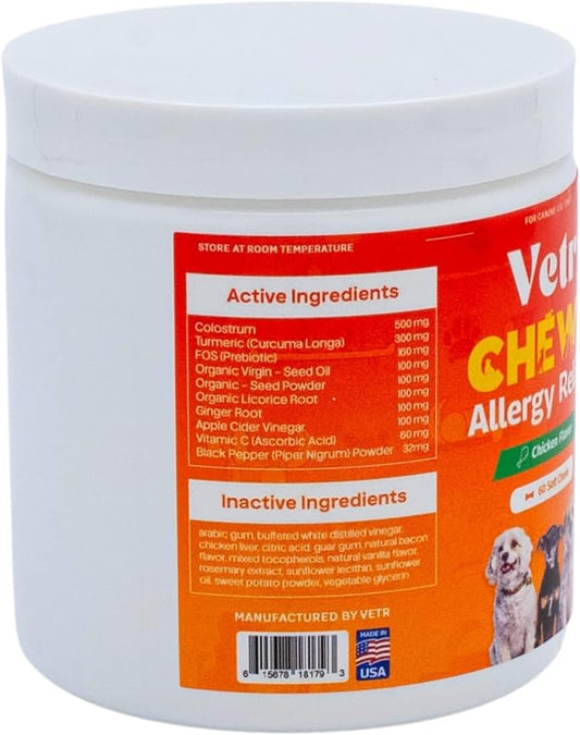 Vetr Allergy Relief Chews for Dogs - Dog Itching Skin Relief, Dog Allergy Treats with Probiotics and Omega-3 - Chicken Flavored 60 Count - Vet-Formulated in USA