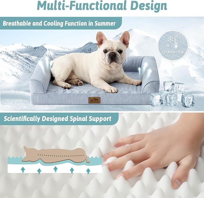 Cooling Dog Bed, Orthopedic Foam Dog Bed with Sides, Removable Washable Cover & Waterproof Lining and Nonskid Bottom, Comfortable Pet Beds for Small Dogs, Blue (30" L x 20" W x 6" Th)