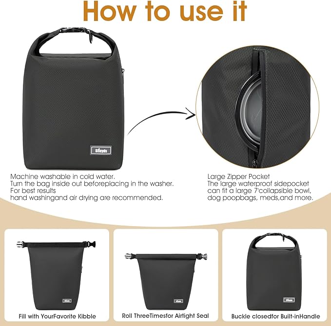 Pet Food Storage Bag Dog Food Travel Bag with 2PCS Collapsible Dog Travel Bowls Waterproof Kibble Storage Container for Road Trips Camping (Black, Small)