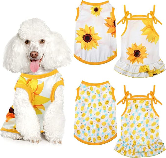 Frienda 4 Pieces Dog Clothes Set Include 2 Pcs Cute Pet Dress Lovely Dog Dress and 2 Pcs Breathable Pet T Shirt Puppy Clothes(Pineapple, Sunflower,Small)
