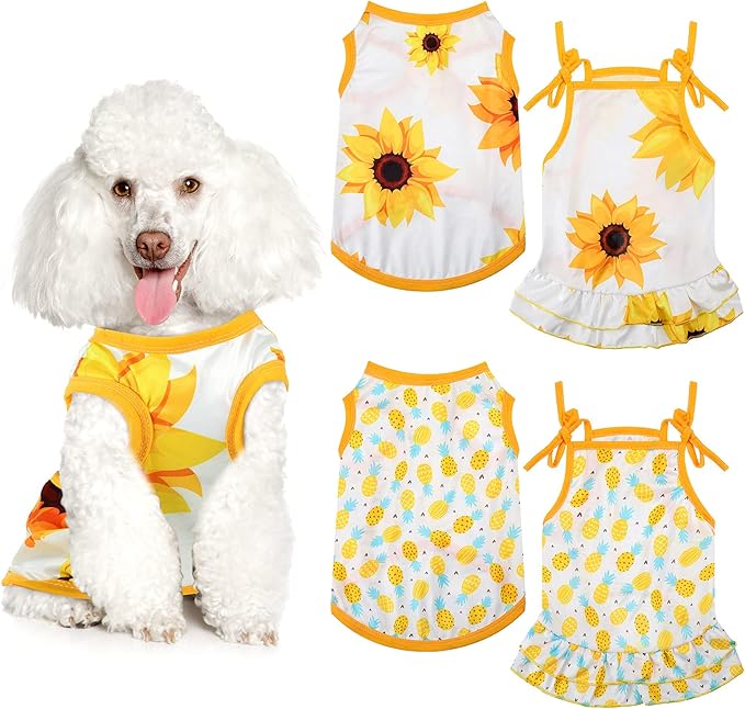 Frienda 4 Pieces Dog Clothes Set Include 2 Pcs Cute Pet Dress Lovely Dog Dress and 2 Pcs Breathable Pet T Shirt Puppy Clothes(Pineapple, Sunflower,Medium)
