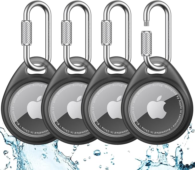 UNBREAKcable for AirTag Holder Case with Professional Carabiner, 4 Pack | Waterproof, Shockproof, Hold Securely, Easy to Install, Protective AirTag Keychain for Keys, Pets, Luggage-Trans Black