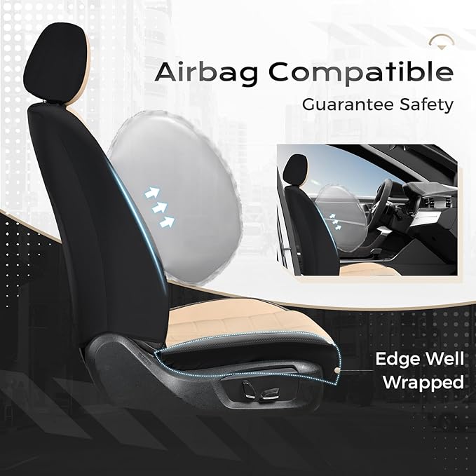 Coverado 3D Air Mesh Car Seat Cover Full Set, Sports Carbon Fiber Design, Breathable Seat Protectors Airbag Compatible Comfort Universal for Most Cars, Van,Trucks, SUV, Beige