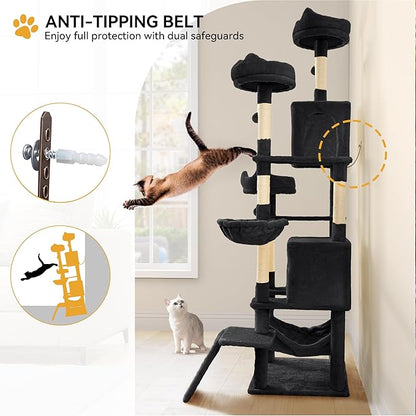 YITAHOME Tall Cat Tree for Indoor Cats, 75 inch Multi-Level Cat Tower with Cat Condos, Top Perches, Sisal Ramp Scratching Posts, Cozy Basket, Hammocks, Large Cat Pet Activity Structure, Black